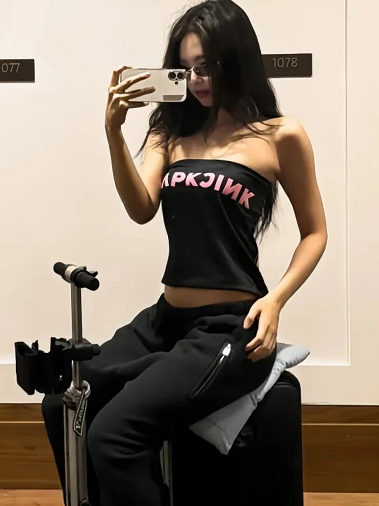 Sexy Y2K Women Tube Top 2025 Summer Korean Letter Print Sleeveless Simple Basic Streetwear Midnight Party Hottie Vest