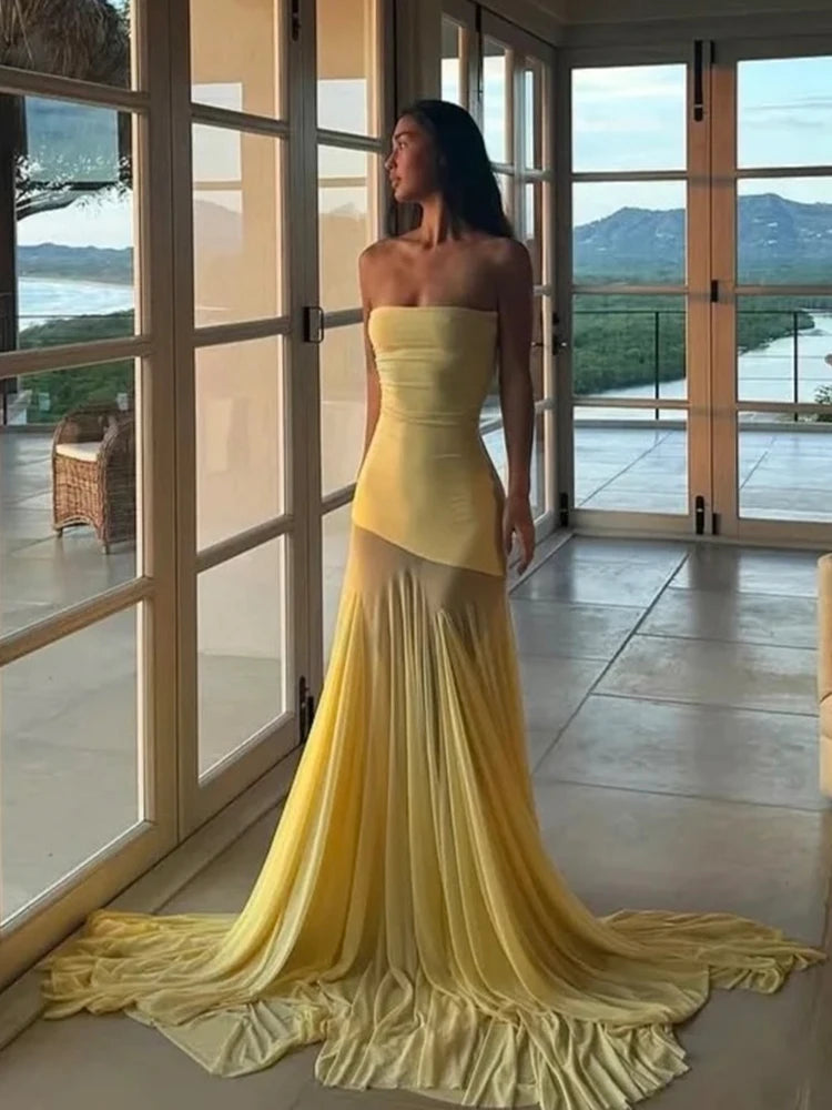 Patchwork See Through Dress Women Elegant Solid Pleated Strapless Sleeveless Backless Slim Banquet Party Vestidos