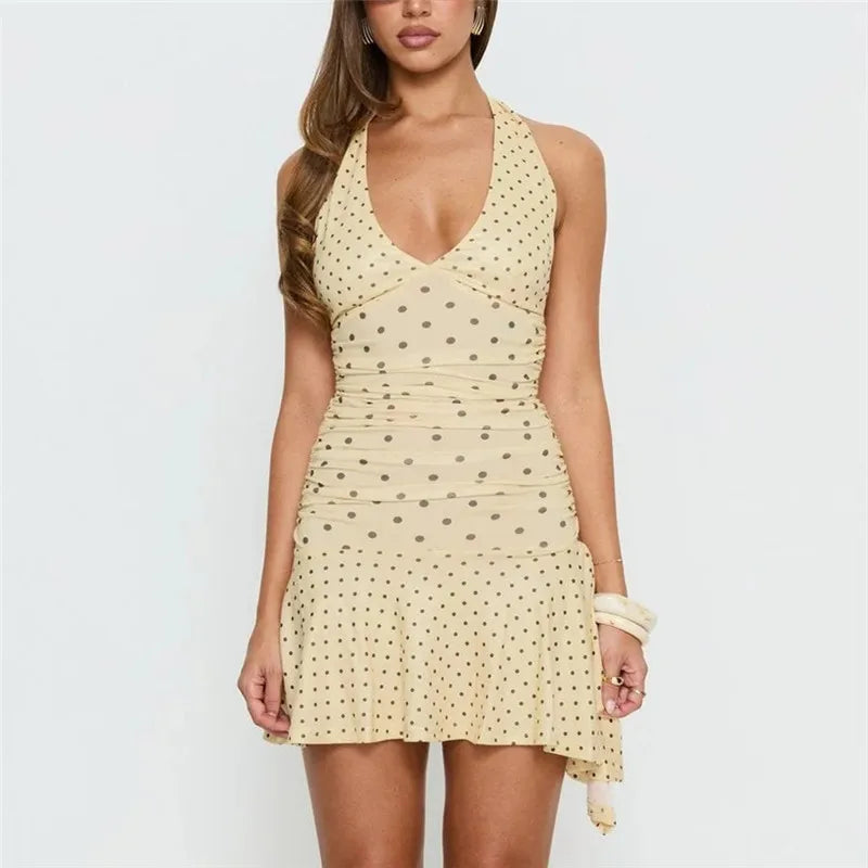 Y2K Polka Dot Halter Neck Mini Dress Backless Flowy Ruffle Hem Sleeveless Bodycon Dress Women Summer Vacation Outfit