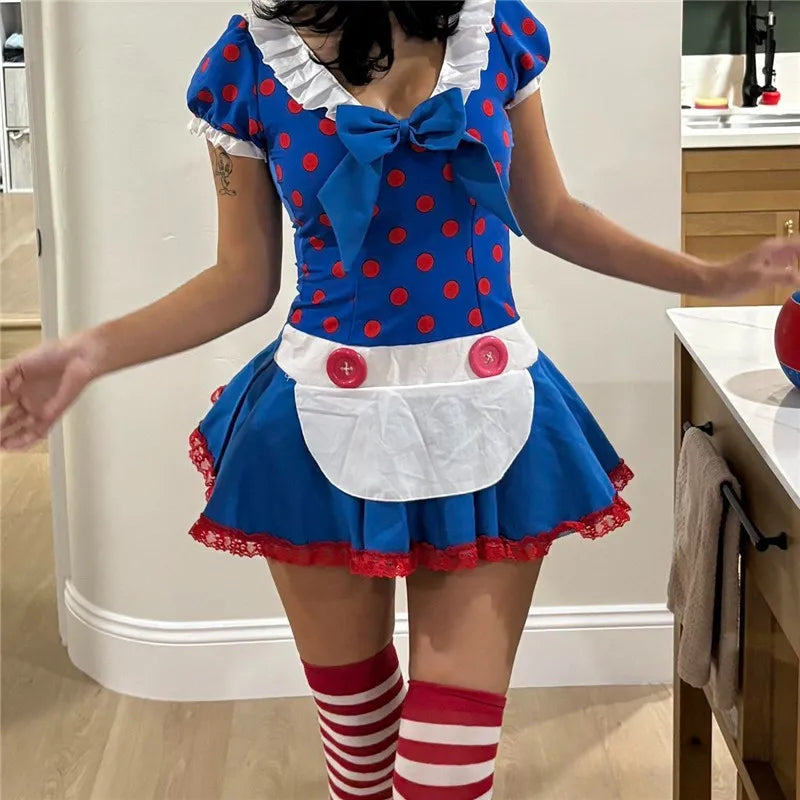 Women Polka Dot Ragdoll Cosplay Outfit Short Dress with Matching Hat and Striped Stockings Party Maid Costume