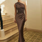 Satin Inclined Shoulder Sexy Maxi Dress Women Fashion Patchwork Sleeveless Backless Bodycon Evening Club Party Dress