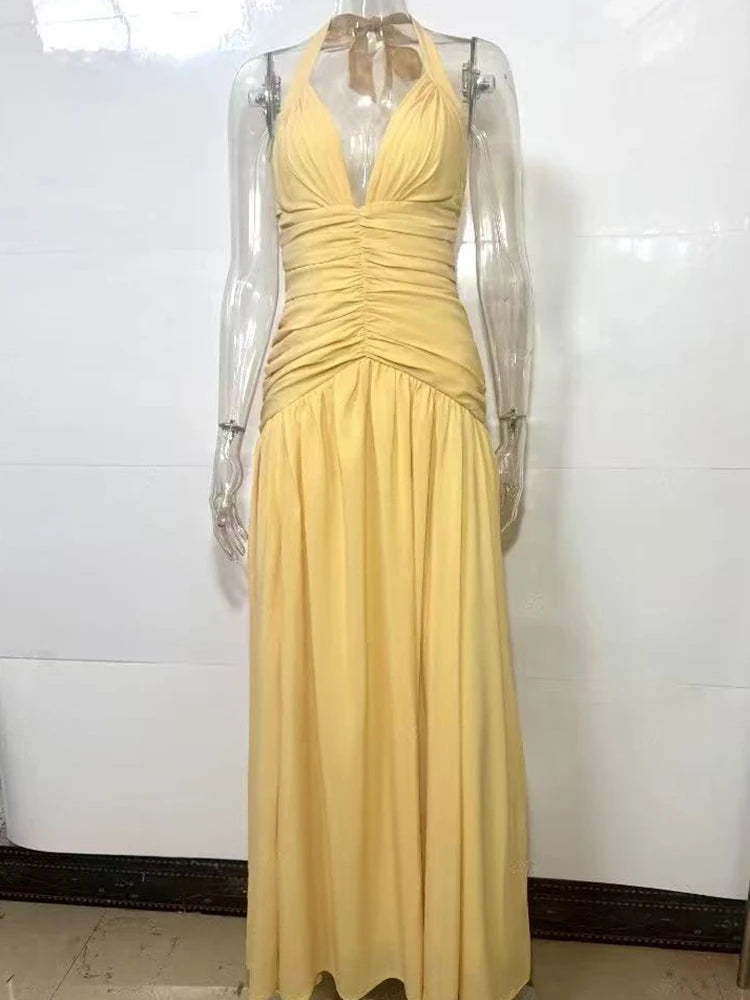 Women Halter Sexy Maxi Dress Deep V Neck Pleated Backless High Split Evening Party Dress Elegant Beach Long Dresses