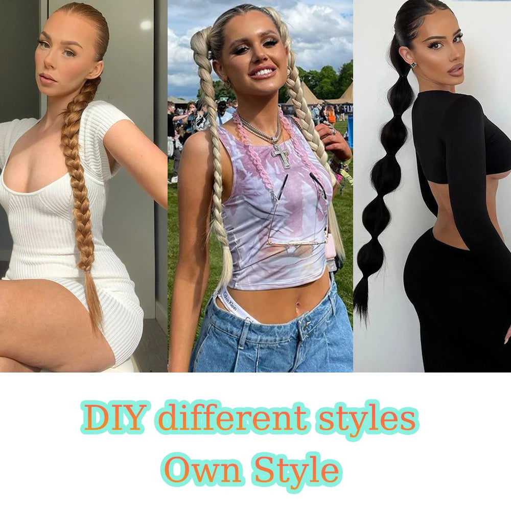 Ponytail Extensions Synthetic Boxing Braids Wrap Around Chignon Tail With Rubber Band Hair Ring 34 "DIY Brown Ombre Braid
