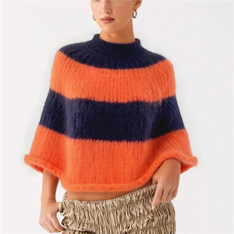 Y2K Striped Fuzzy Poncho Sweater Women Mock Neck Loose Half Sleeve Cropped Knit Cape Pullover Daily Street Outfit