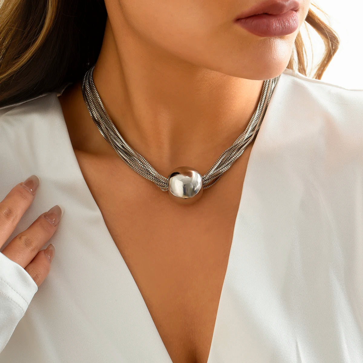 Gothic Layered Big Ball Pendant Choker Necklace Women Punk Chunky Thick Box Clavicle Chain Grunge Jewelry Steampunk Men