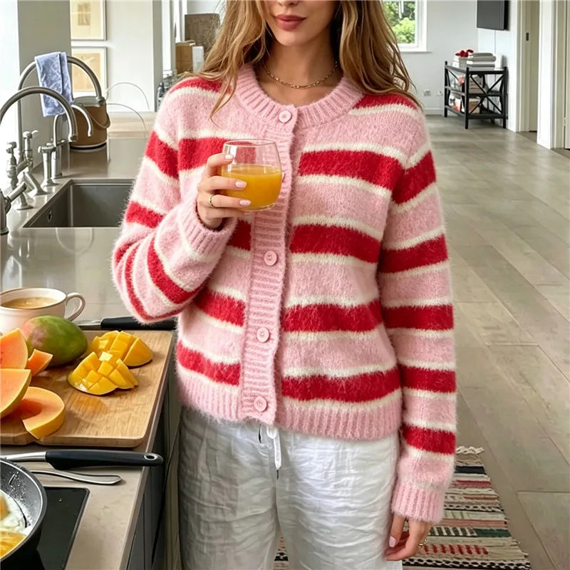 Women Fuzzy Mohair Knit Cardigan Striped Round Neck Button Front Cropped Sweater Long Sleeve Y2K Retro Streetwear Jacket