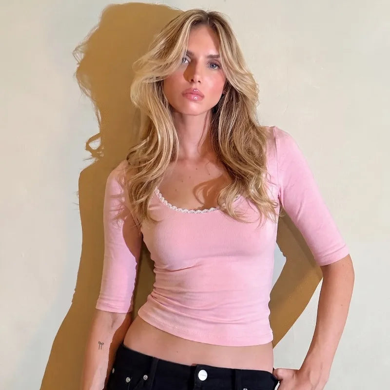 Lace Trim Scoop Neck Half Sleeve Crop Tops for Woman Pink T Shirts 2026 Fall Cutecore Clothes 2000s