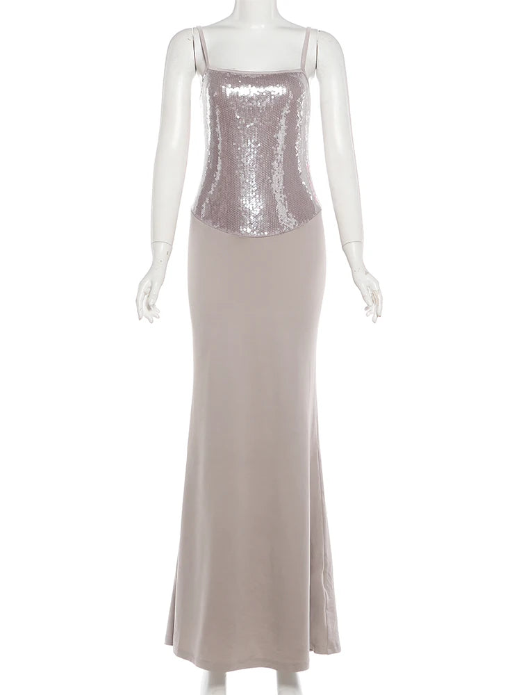 Patchwork Reflective Maxi Dress Women Low-Neck Sleeveless Skinny Sexy Prom Party Hipster Fashion Chic Elegant Vestidos