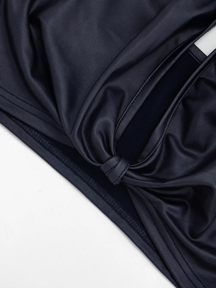 Faux Leather 2-Piece Set Women Halter v-Neck Knot Backless Vest+Simple Peach Butt Short Sexy Midnight Hottie Suit