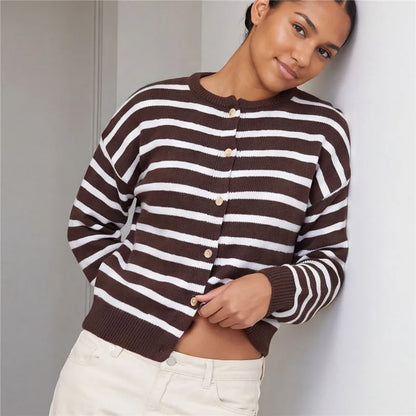 Womens Striped Knit Cardigan Round Neck Button Front Long Sleeve Loose Fit Casual Sweater Winter Fall Knit Outerwear