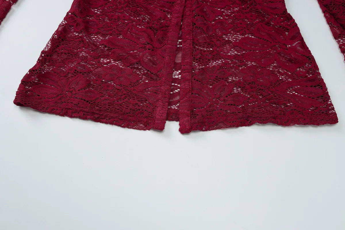 Woman Two Piece Sets Outfits Sexy Lace See-through Long Sleeve Cardigan Top and Shorts Matching Sets
