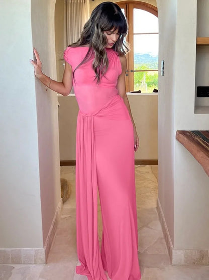 Elegant Pink Dresses for Wedding Guest Mesh Sheer Patchwork One Shoulder Draped Long Maxi Dress Woman