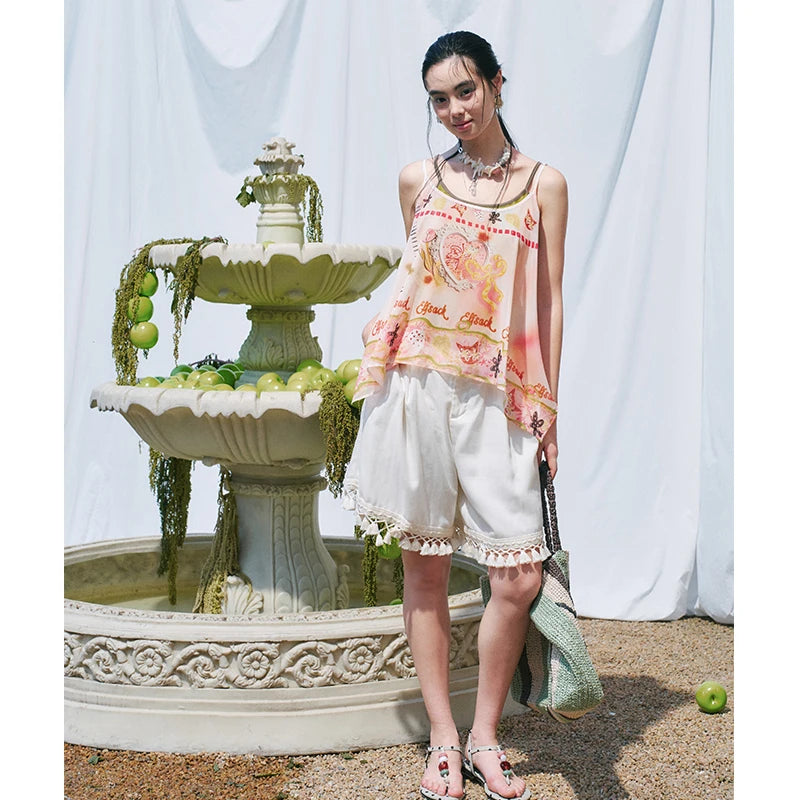 Y2K Graphic Print Chiffon Cami Top with Knit Liner, Tie Strap Sheer Layered Blouse, Irregular Hem Flowy Summer Top