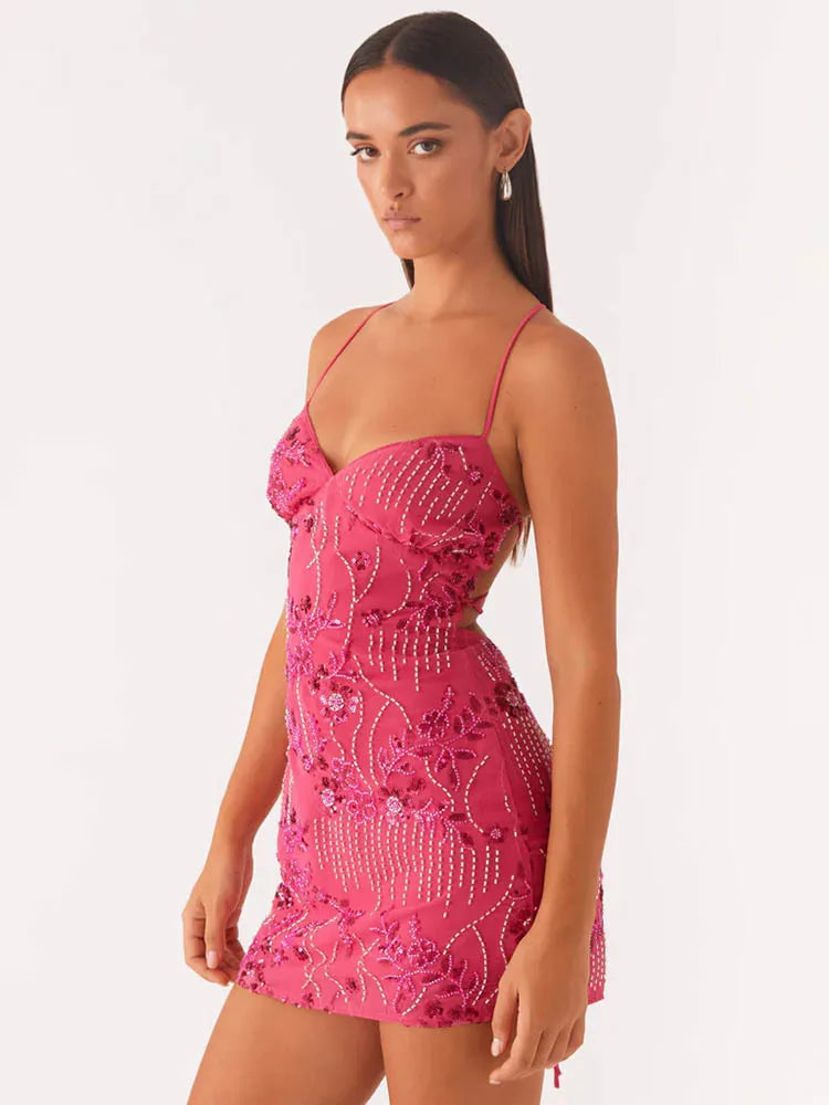 Sequins Backless Sexy Mini Dress Women Spaghetti Strap Off-shoulder Backless Sleeveless Sparkle Club Party Skinny Dress