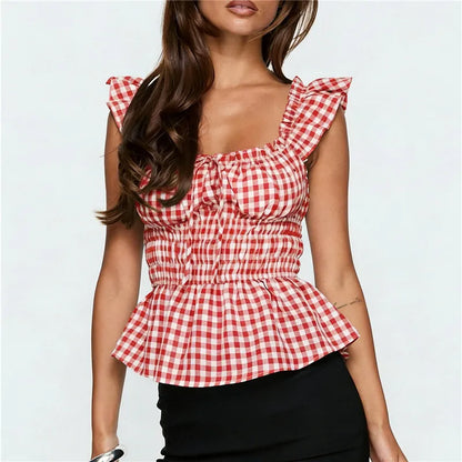 Y2K Sweet Gingham Plaid Peplum Top Women Ruffle Strap Square Neck Smocked Waist Tie Back Casual Summer Blouse