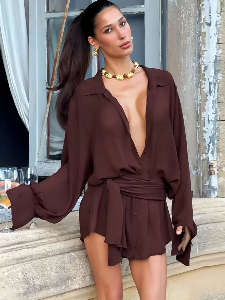 Split Full Sleeve Single-Breasted Dress Women Deep v-Neck Bandage Irregular Hem Autumn Fashion Sexy Classic Mini Bodycon