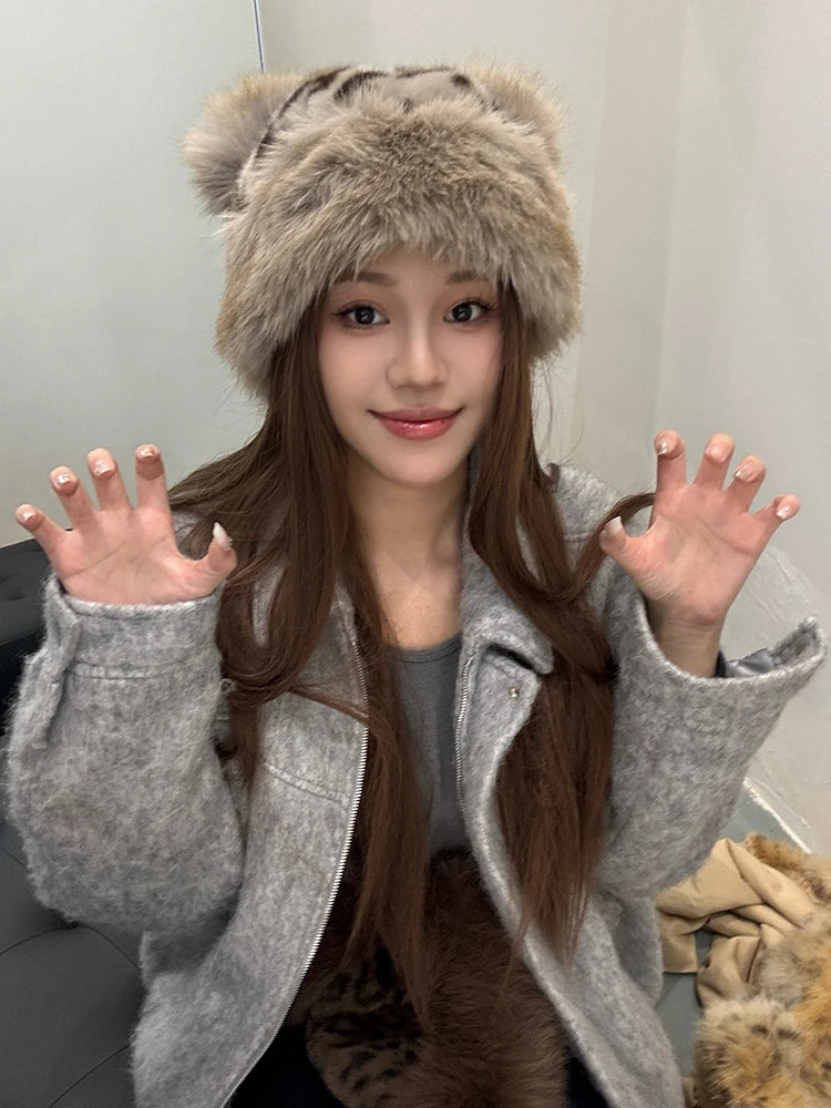 Women's Leopard Print Bear Ears Plush Hat Thick Warm Winter Cap Fashionable Earflap Bucket Hat for Ladies