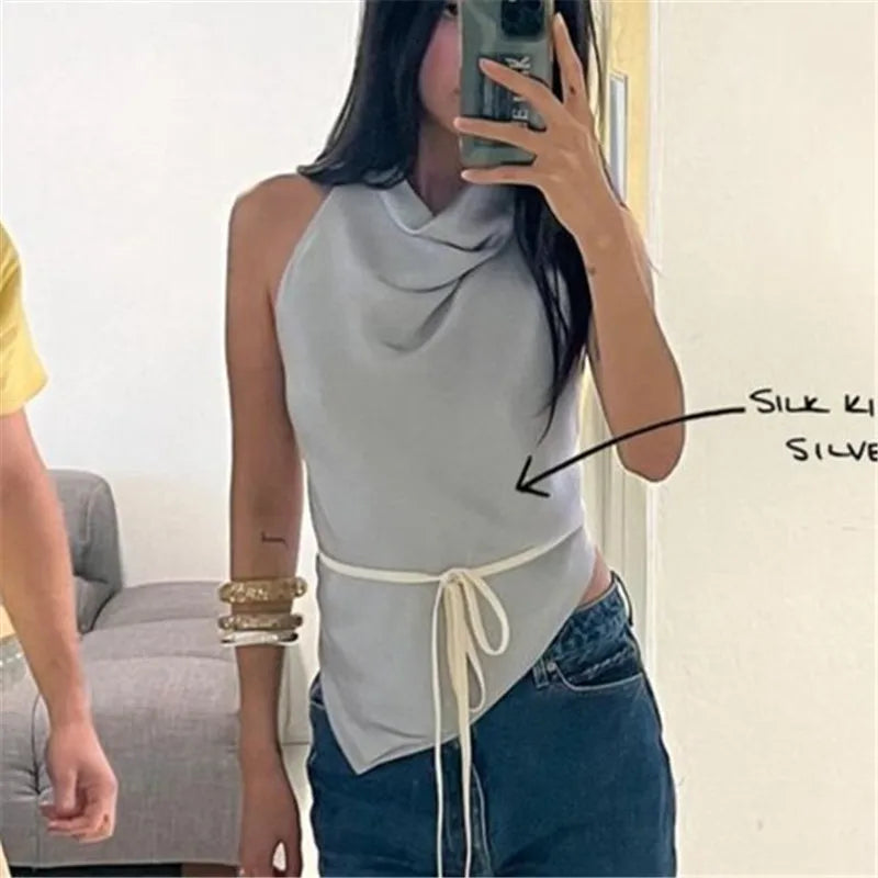 Women Summer High Street Sleeveless Satin Top Camisole Y2K Tie Halter Tops Backless Solid Color Top Party Clubwear