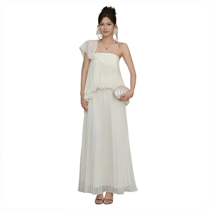 3d Flower Decoration Maxi Dress Women Mesh Tassel Chest Wrap Folds Solid Elegant Wedding Party Vacation Vestidos