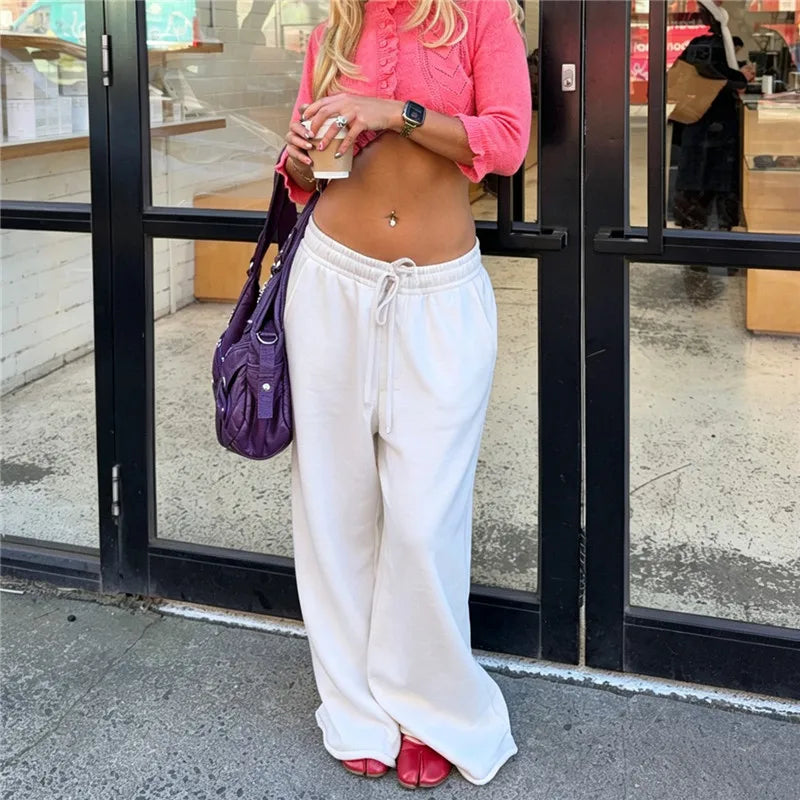 Y2K Baggy High Waist Wide Leg Sweatpants Drawstring Elastic Waist Joggers Camo Solid Color Casual Street Lounge Pants