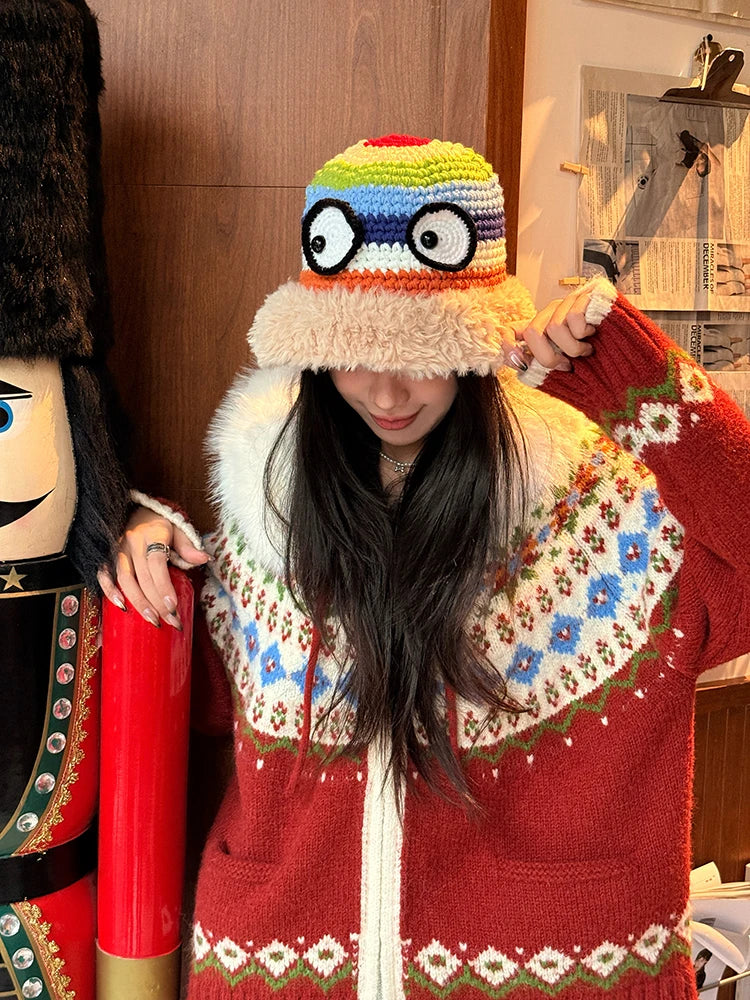 Cute Rainbow Striped Crochet Eye Plush Brim Hat For Women