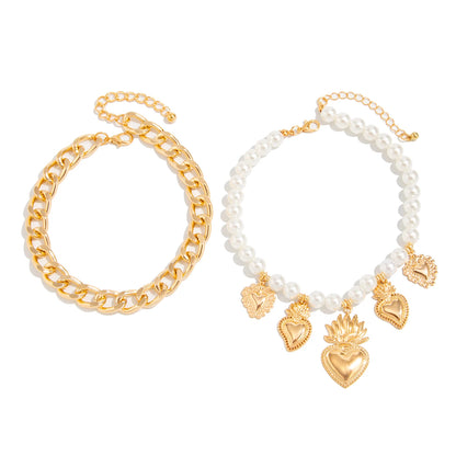 Boho Love Heart Pendant Beach Foot Anklet for Women Vintage Imitation Pearl Chain Ankle Summer Beach Sandals Jewelry