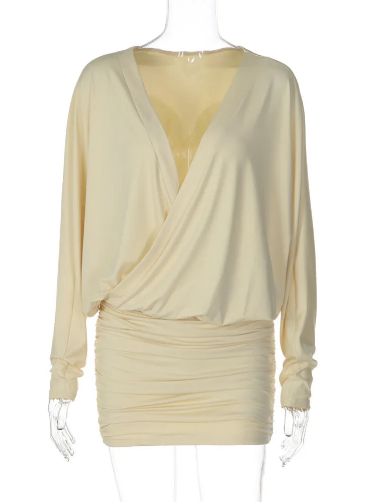 Deep V Neck Long Batwing Sleeve Sexy Mini Dress Women Elegant Draped Wrap Ruched Waist Bodycon Club Party Dresses