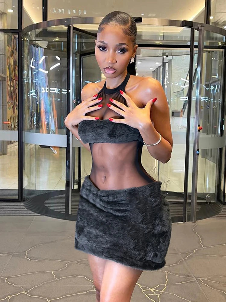 Furry Patchwork Sexy Dress Women Backless Sleeveless Hipster Midnight Clubwear Skinny Coquette Vacation Mini Bodycon