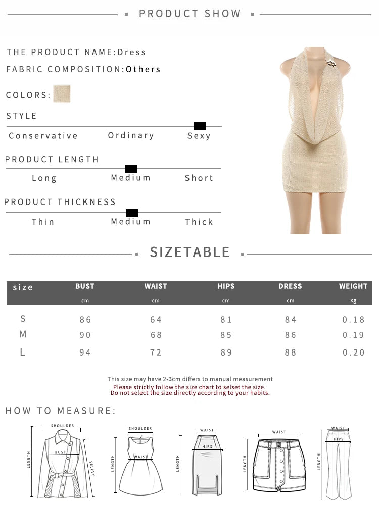 Crochet Halter Backless Dress Women Sexy Swing Collar Peach Hip Sleeveless Hottie Stretch Club Summer Mini Bodycon