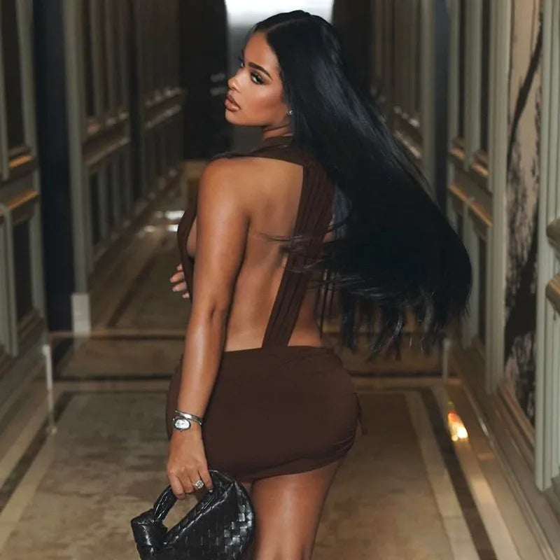Women 2 Piece Bodycon Outfit Sleeveless Deep V Cutout Bodysuit Drawstring Ruched Mini Skirt Nightclub Party Matching Set