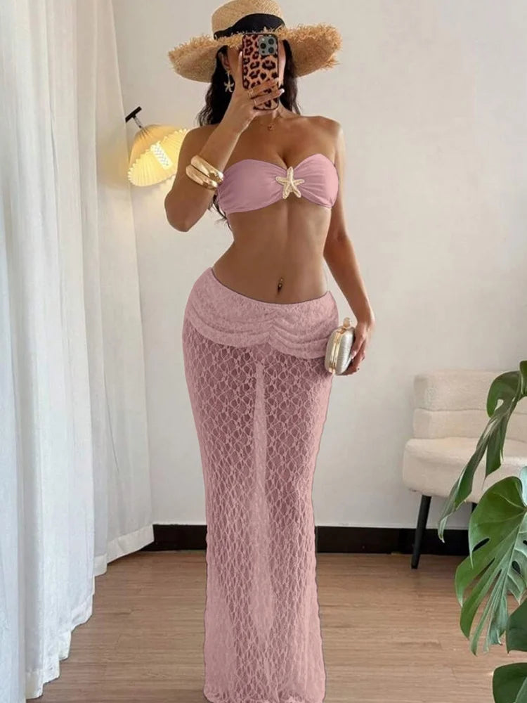 Two Piece Set See Through Lace Long Skirt Tube Top Beach Vacation Outfits Sexy Summer Clothes for Woman