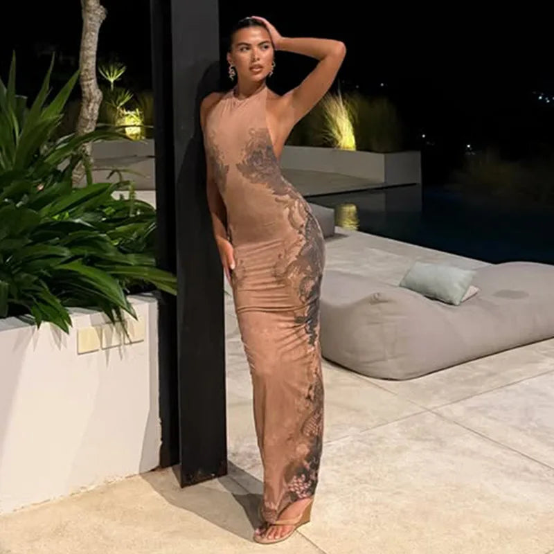 Brown Lace Print Halterneck Maxi Dress Woman Clothing Sexy Evening Party Summer Dresses 2026