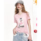 Pink Crew Neck Cute Dog with Bow Leopard Print Text Short Sleeve T-Shirt for Women