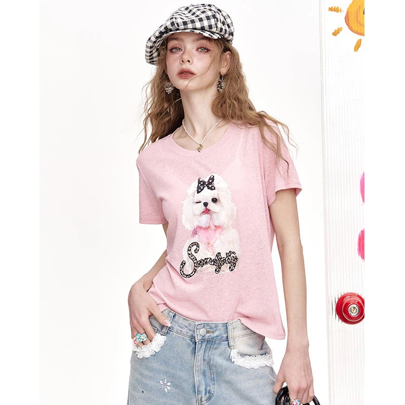 Pink Crew Neck Cute Dog with Bow Leopard Print Text Short Sleeve T-Shirt for Women
