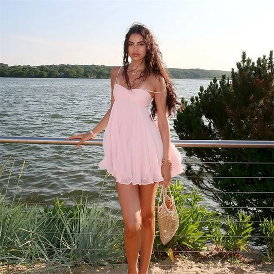 Chiffon Pink Princess Dress Woman Clothes Sexy Spaghetti Strap Backless Mini Dresses