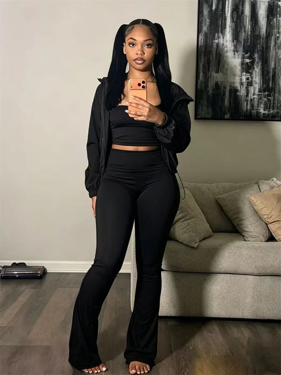 Casuals 2 Piece Set Women Chic Sporty Hooded Zipper Crop Jacket+Simple Tank Top+Flare Pants Autumn Trend Street Suits