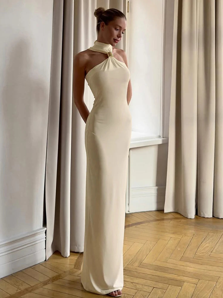 Backless Dress Women Elegant Summer Trend Halter Solid Folds Metal Knots Sleeveless Sexy Slim Banquet Party Bodycon