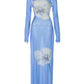 Mesh See Through Sexy Print Maxi Dress Women Summer Fashion Long Sleeve Lace-up Backless Beach Club Party Long Dress