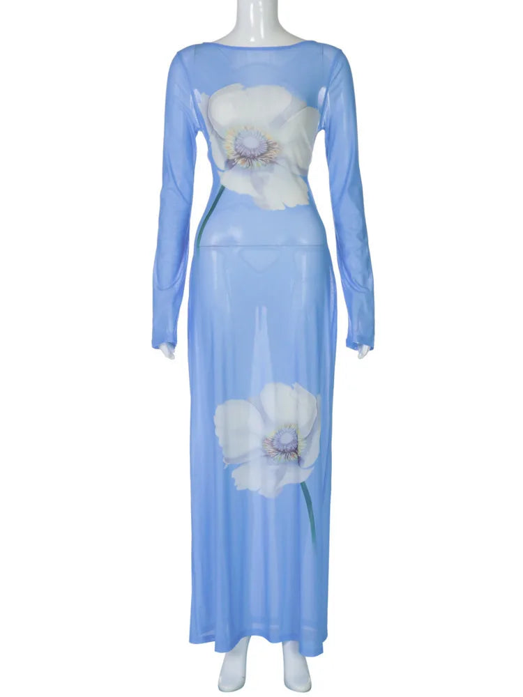 Mesh See Through Sexy Print Maxi Dress Women Summer Fashion Long Sleeve Lace-up Backless Beach Club Party Long Dress