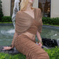 Folds Elegant 2-Piece Set Women v-Neck Short-Sleeve Patchwork Crop Tops+Elastic Waist Simple Skirts Banquet Chic Suit