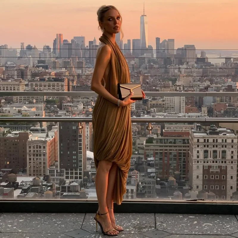 Asymmetrical Draped Open Back Long Dresses Elegant Sexy Cocktail Party Dresses for Woman 2026