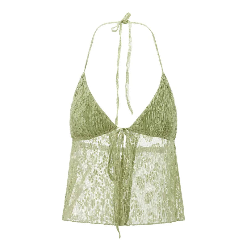 Summer Women Y2K Lace Shirt Sexy Halter Neck Deep V Neck Crop Top Tie Front Sleeveless Strappy Cami Shirt Streetwear