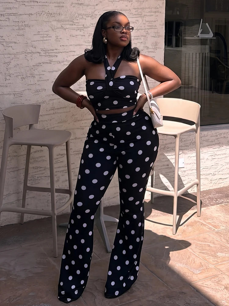 Sexy Fashion 2 Piece Set Woman Polka Dot Print Halter Backless Tank Tops+Elastic Waist Pants High Street Style Suits