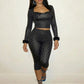 Polka Dot Print 2-Piece Set Square Collar Plush Patchwork Full Sleeve Crop Tops+Elastic Waist Classic Short Sexy Suit