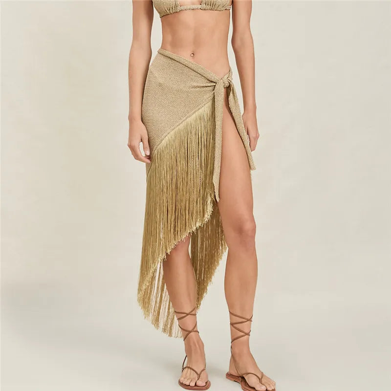 Sexy Fringe Halter Top/Wrap Skirt 2-in-1 Convertible Cover-Up Women Two Ways To Wear For Summer Beach Party Clubwear