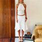Crochet Lace Two Piece Set Women Halter Crop Top Asymmetrical Midi Skirt Hollow Out Boho Beach Vacation Matching Outfit