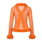 Women Y2K Faux Fur Trim Mesh Cardigan Long Sleeve V Neck Open Front Cropped Sheer Jacket Club Party Outerwear Tops