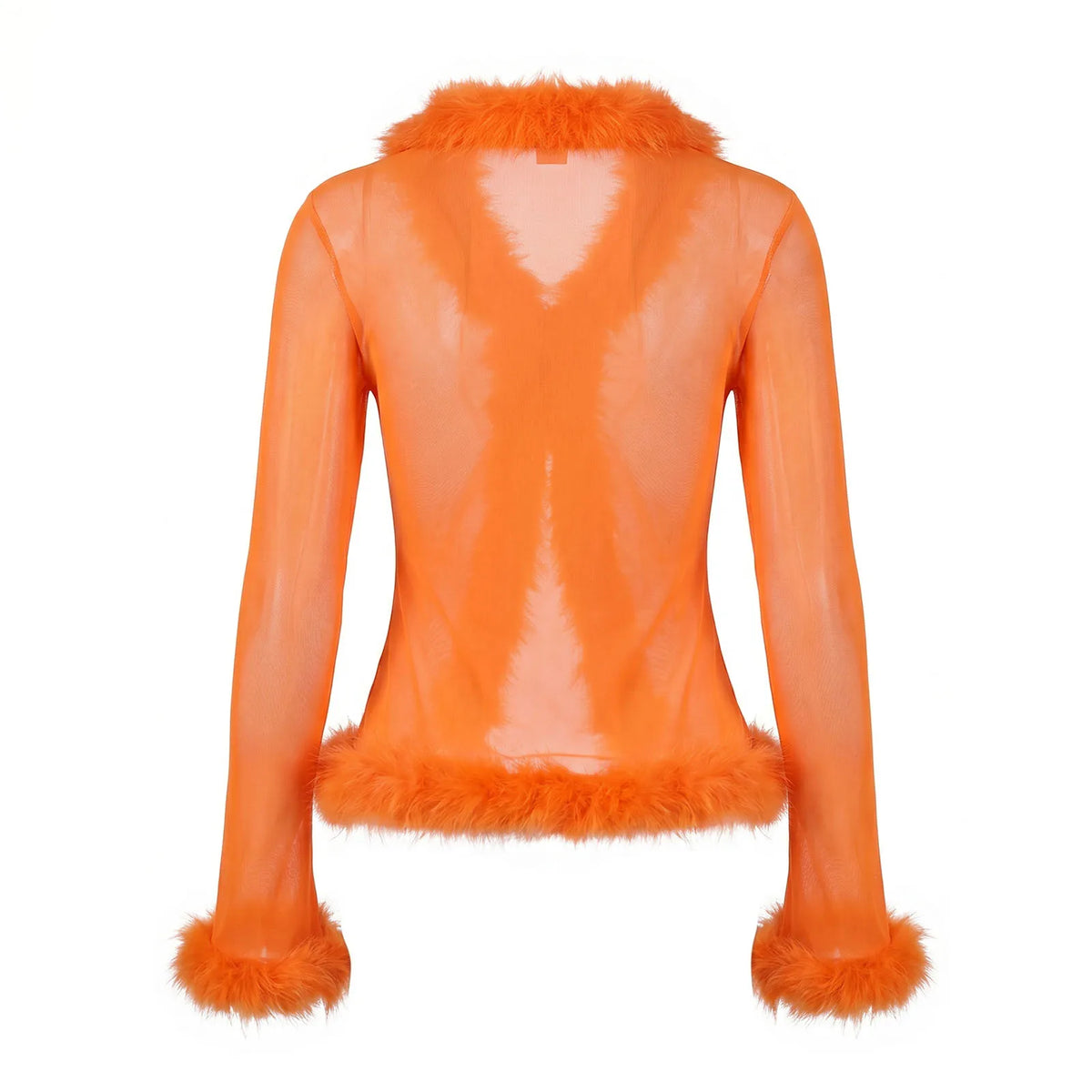 Women Y2K Faux Fur Trim Mesh Cardigan Long Sleeve V Neck Open Front Cropped Sheer Jacket Club Party Outerwear Tops