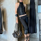 Sexy Button Faux Leather Decoration 2-Piece Set Women o-Neck Vest+Elastic Waist Classic Short Skinny Sexy Streetwear