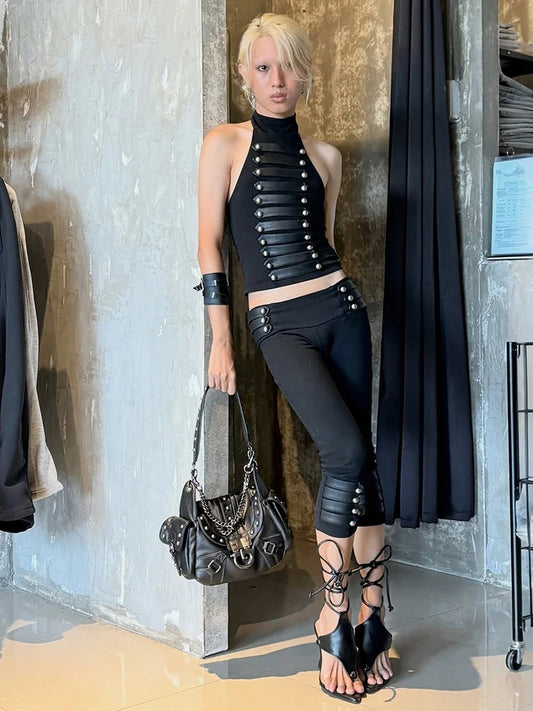 Sexy Button Faux Leather Decoration 2-Piece Set Women o-Neck Vest+Elastic Waist Classic Short Skinny Sexy Streetwear